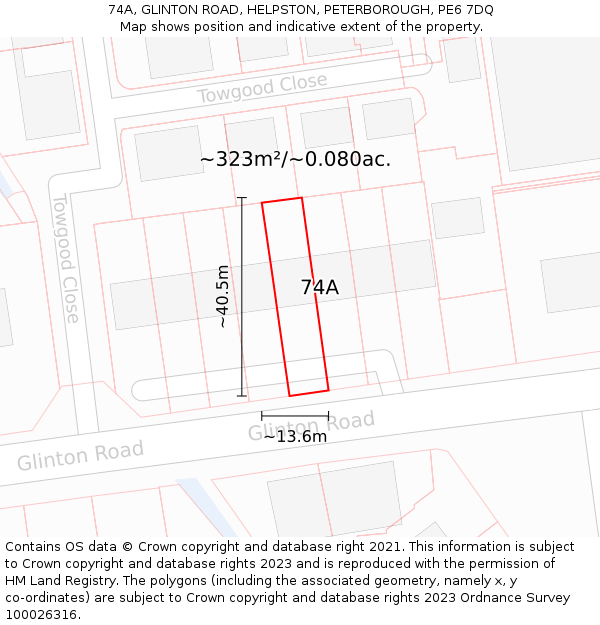 74A, GLINTON ROAD, HELPSTON, PETERBOROUGH, PE6 7DQ: Plot and title map