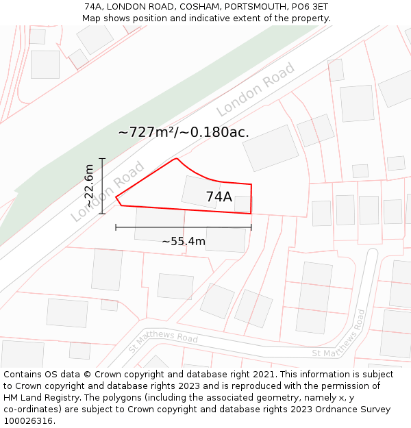 74A, LONDON ROAD, COSHAM, PORTSMOUTH, PO6 3ET: Plot and title map