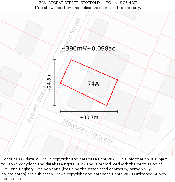 74A, REGENT STREET, STOTFOLD, HITCHIN, SG5 4DZ: Plot and title map