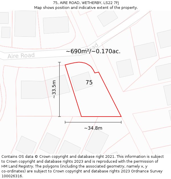 75, AIRE ROAD, WETHERBY, LS22 7FJ: Plot and title map