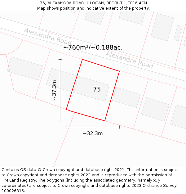 75, ALEXANDRA ROAD, ILLOGAN, REDRUTH, TR16 4EN: Plot and title map