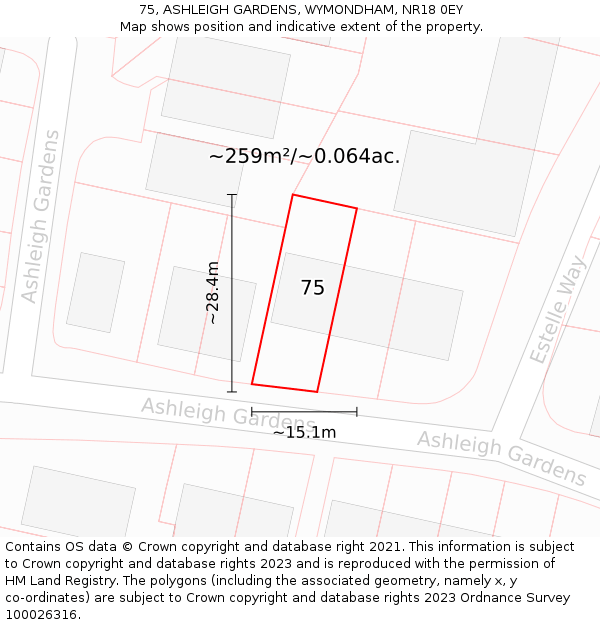 75, ASHLEIGH GARDENS, WYMONDHAM, NR18 0EY: Plot and title map