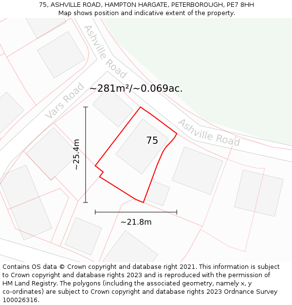 75, ASHVILLE ROAD, HAMPTON HARGATE, PETERBOROUGH, PE7 8HH: Plot and title map