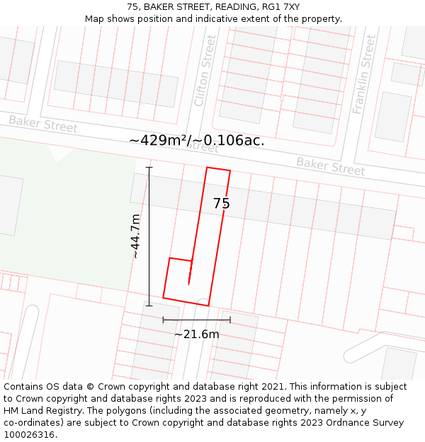 75, BAKER STREET, READING, RG1 7XY: Plot and title map