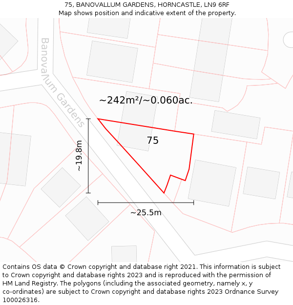 75, BANOVALLUM GARDENS, HORNCASTLE, LN9 6RF: Plot and title map
