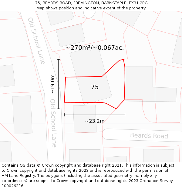 75, BEARDS ROAD, FREMINGTON, BARNSTAPLE, EX31 2PG: Plot and title map