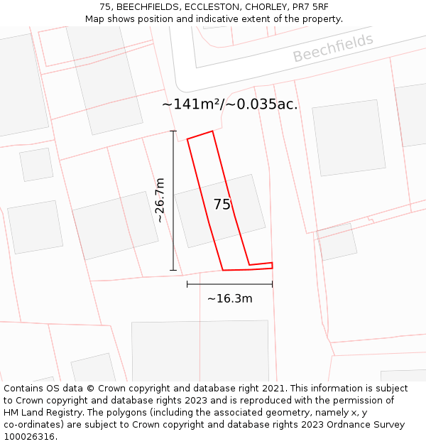 75, BEECHFIELDS, ECCLESTON, CHORLEY, PR7 5RF: Plot and title map