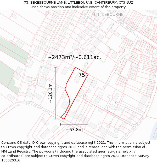 75, BEKESBOURNE LANE, LITTLEBOURNE, CANTERBURY, CT3 1UZ: Plot and title map