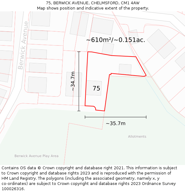 75, BERWICK AVENUE, CHELMSFORD, CM1 4AW: Plot and title map