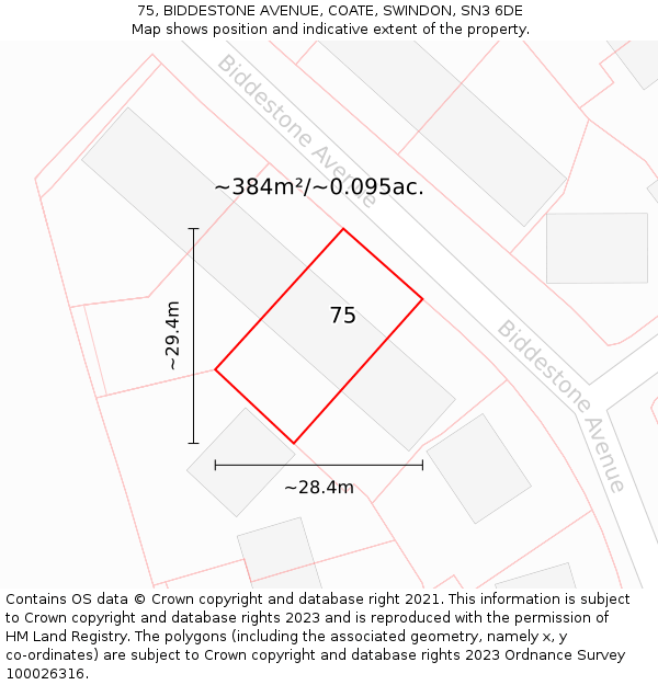 75, BIDDESTONE AVENUE, COATE, SWINDON, SN3 6DE: Plot and title map
