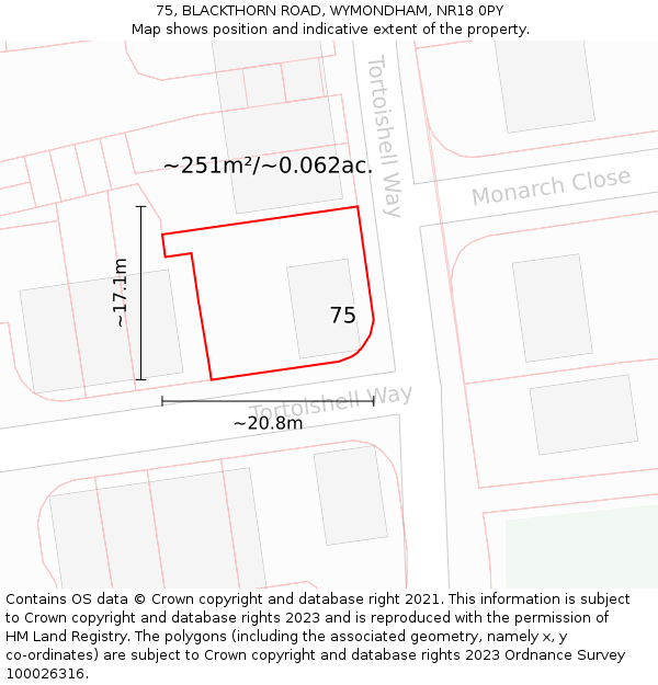 75, BLACKTHORN ROAD, WYMONDHAM, NR18 0PY: Plot and title map