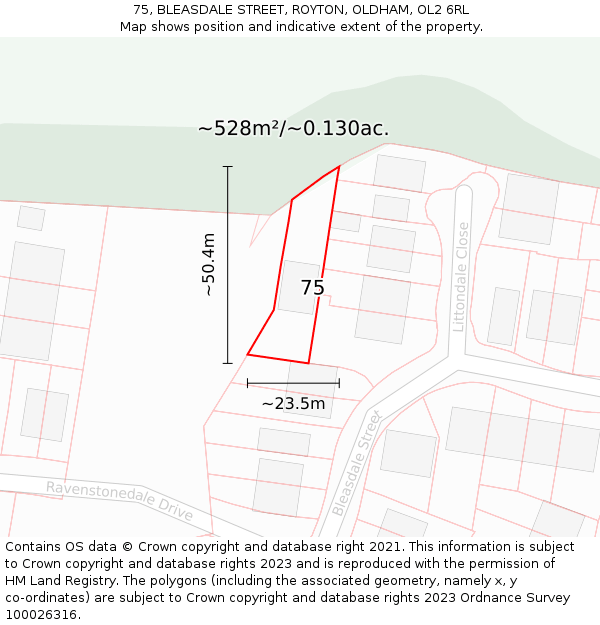 75, BLEASDALE STREET, ROYTON, OLDHAM, OL2 6RL: Plot and title map