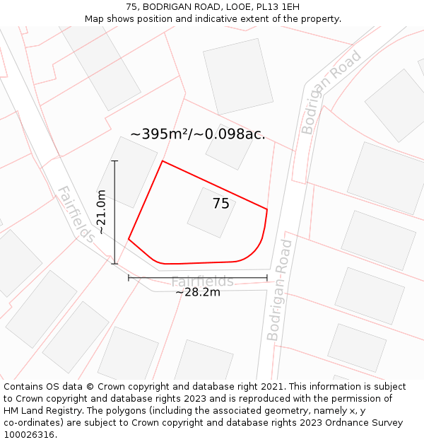 75, BODRIGAN ROAD, LOOE, PL13 1EH: Plot and title map