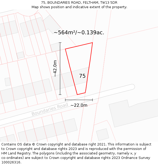 75, BOUNDARIES ROAD, FELTHAM, TW13 5DR: Plot and title map