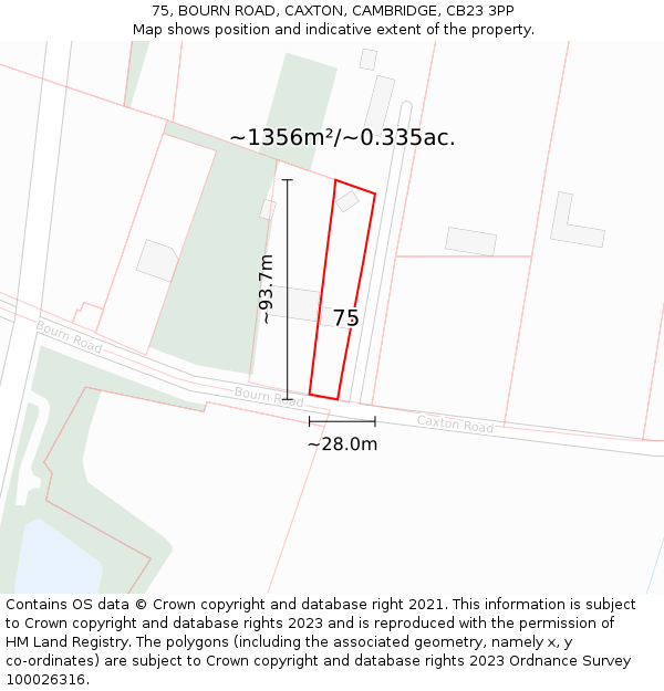 75, BOURN ROAD, CAXTON, CAMBRIDGE, CB23 3PP: Plot and title map
