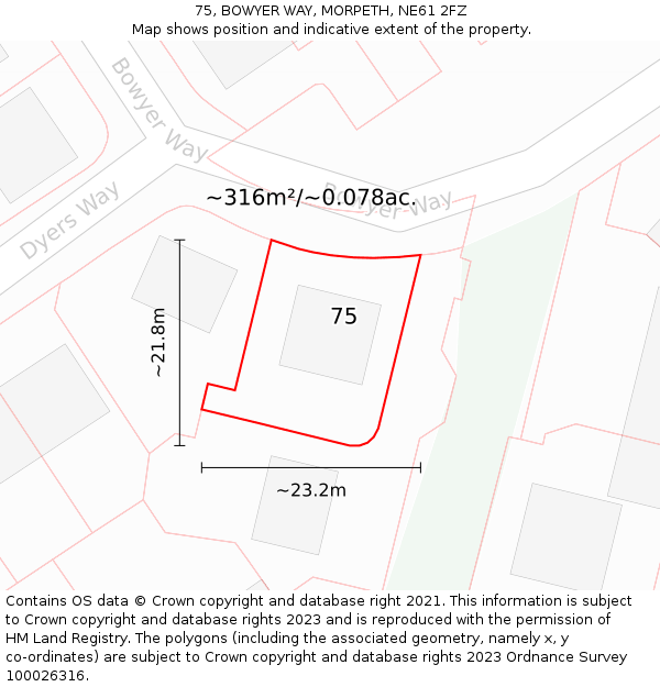 75, BOWYER WAY, MORPETH, NE61 2FZ: Plot and title map