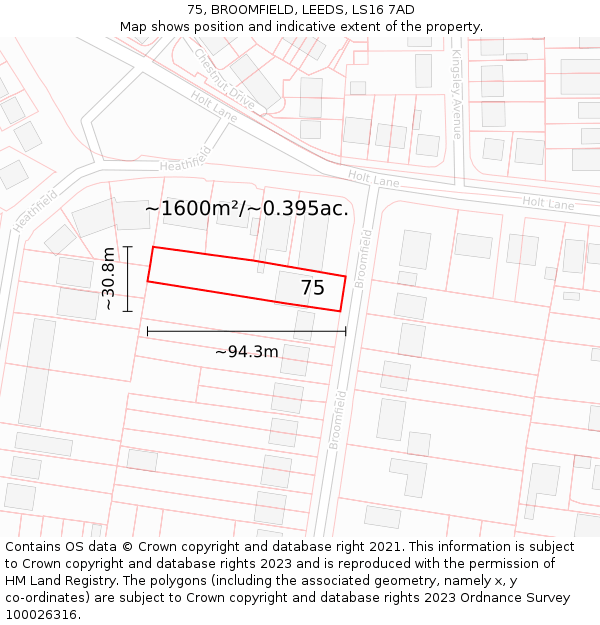 75, BROOMFIELD, LEEDS, LS16 7AD: Plot and title map