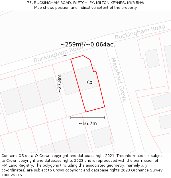 75, BUCKINGHAM ROAD, BLETCHLEY, MILTON KEYNES, MK3 5HW: Plot and title map