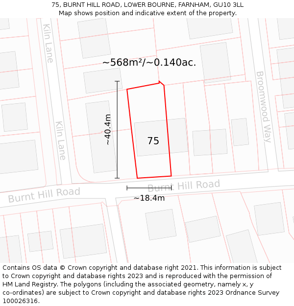 75, BURNT HILL ROAD, LOWER BOURNE, FARNHAM, GU10 3LL: Plot and title map