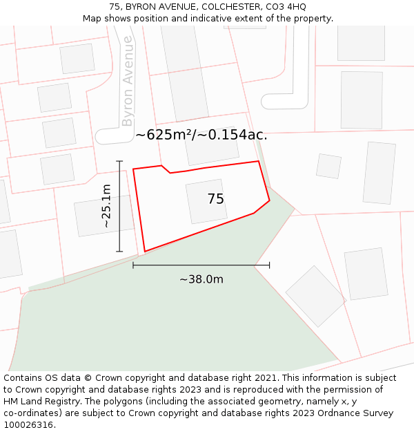75, BYRON AVENUE, COLCHESTER, CO3 4HQ: Plot and title map