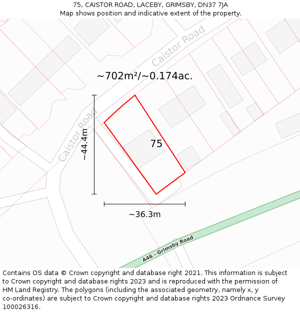 75, CAISTOR ROAD, LACEBY, GRIMSBY, DN37 7JA: Plot and title map