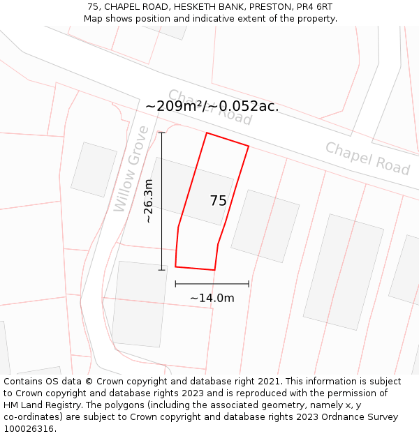 75, CHAPEL ROAD, HESKETH BANK, PRESTON, PR4 6RT: Plot and title map