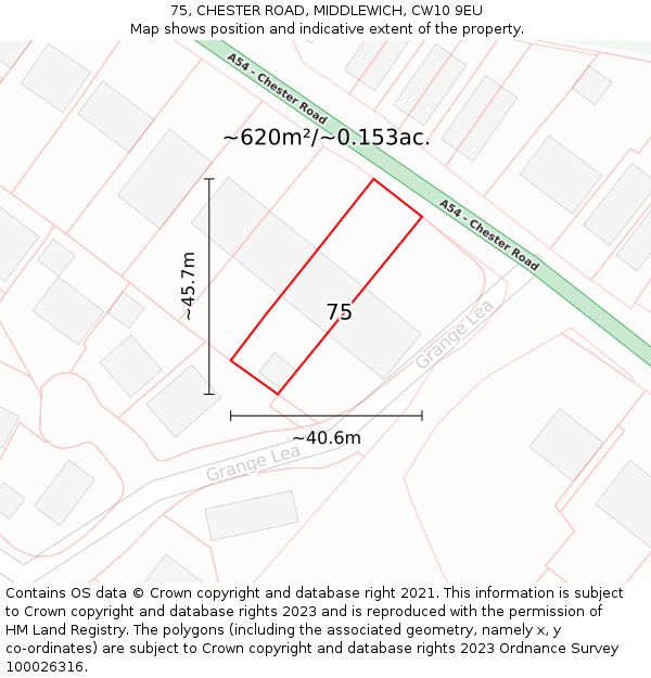 75, CHESTER ROAD, MIDDLEWICH, CW10 9EU: Plot and title map