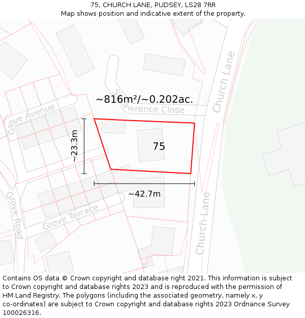 75, CHURCH LANE, PUDSEY, LS28 7RR: Plot and title map