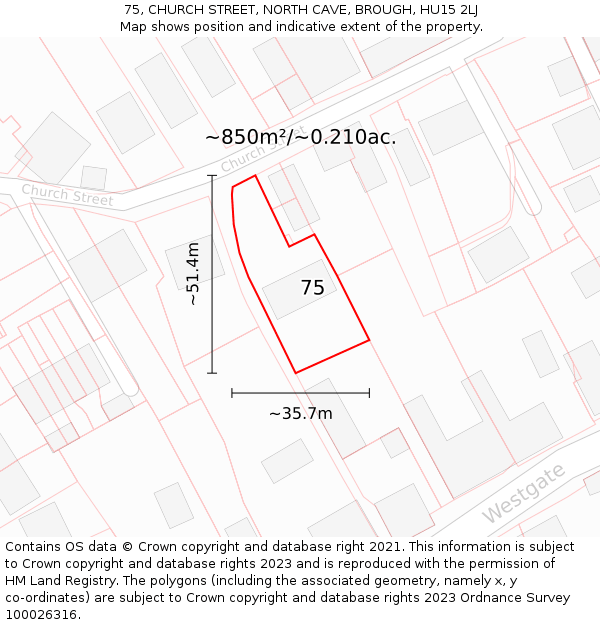 75, CHURCH STREET, NORTH CAVE, BROUGH, HU15 2LJ: Plot and title map