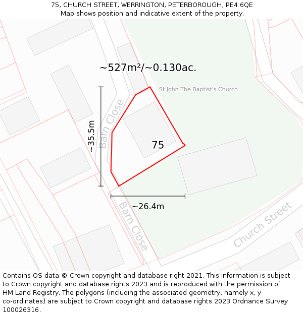 75, CHURCH STREET, WERRINGTON, PETERBOROUGH, PE4 6QE: Plot and title map