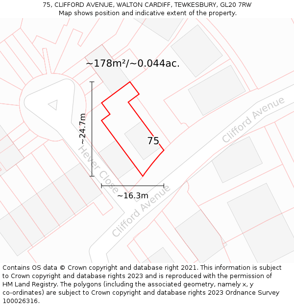 75, CLIFFORD AVENUE, WALTON CARDIFF, TEWKESBURY, GL20 7RW: Plot and title map