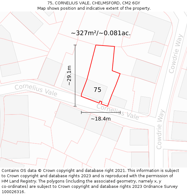 75, CORNELIUS VALE, CHELMSFORD, CM2 6GY: Plot and title map
