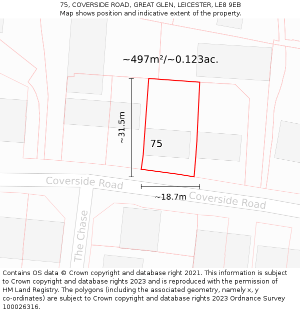75, COVERSIDE ROAD, GREAT GLEN, LEICESTER, LE8 9EB: Plot and title map