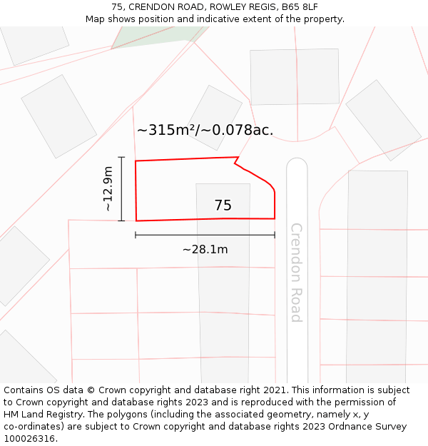 75, CRENDON ROAD, ROWLEY REGIS, B65 8LF: Plot and title map