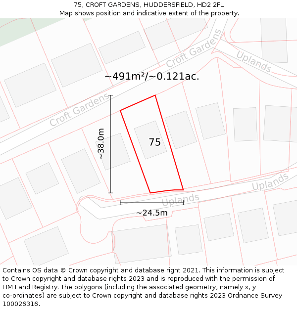 75, CROFT GARDENS, HUDDERSFIELD, HD2 2FL: Plot and title map