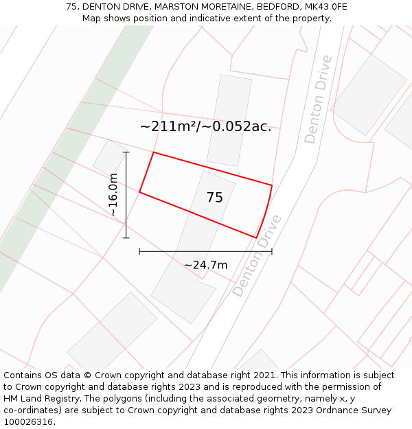 75, DENTON DRIVE, MARSTON MORETAINE, BEDFORD, MK43 0FE: Plot and title map