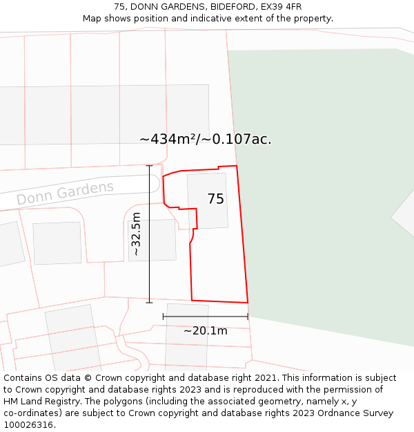 75, DONN GARDENS, BIDEFORD, EX39 4FR: Plot and title map