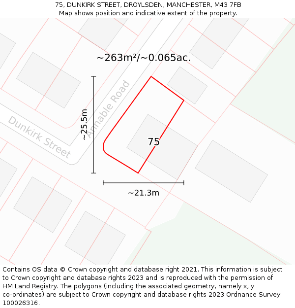 75, DUNKIRK STREET, DROYLSDEN, MANCHESTER, M43 7FB: Plot and title map