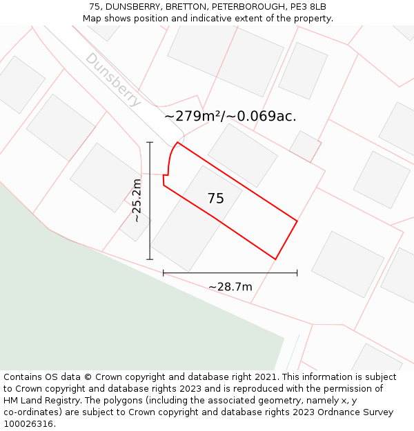 75, DUNSBERRY, BRETTON, PETERBOROUGH, PE3 8LB: Plot and title map