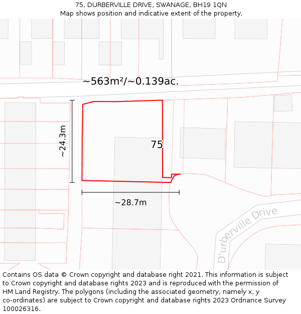 75, DURBERVILLE DRIVE, SWANAGE, BH19 1QN: Plot and title map