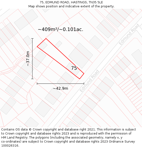 75, EDMUND ROAD, HASTINGS, TN35 5LE: Plot and title map