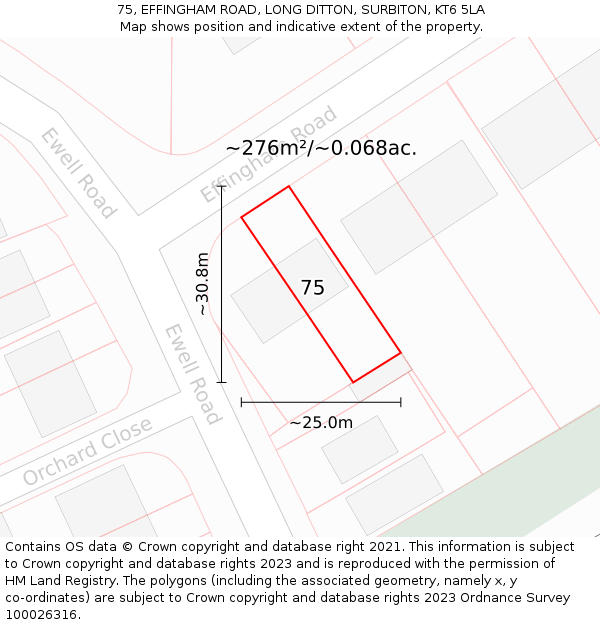 75, EFFINGHAM ROAD, LONG DITTON, SURBITON, KT6 5LA: Plot and title map
