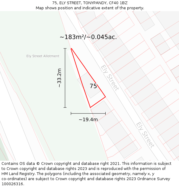 75, ELY STREET, TONYPANDY, CF40 1BZ: Plot and title map