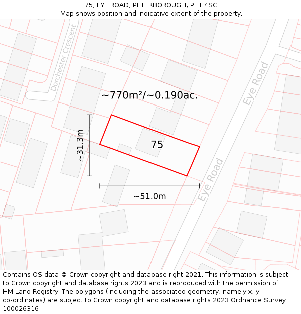 75, EYE ROAD, PETERBOROUGH, PE1 4SG: Plot and title map