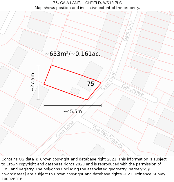 75, GAIA LANE, LICHFIELD, WS13 7LS: Plot and title map