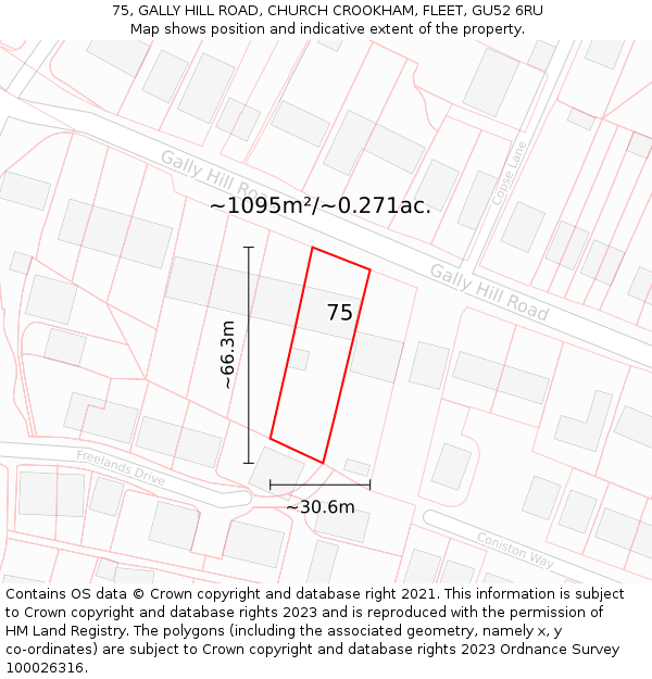 75, GALLY HILL ROAD, CHURCH CROOKHAM, FLEET, GU52 6RU: Plot and title map