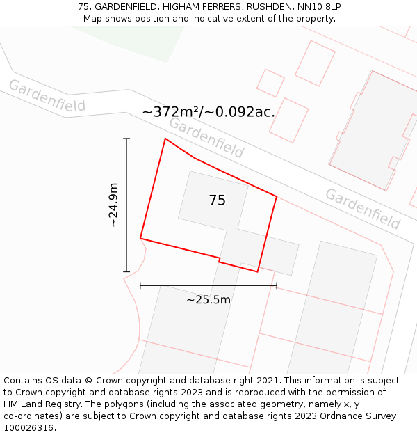 75, GARDENFIELD, HIGHAM FERRERS, RUSHDEN, NN10 8LP: Plot and title map