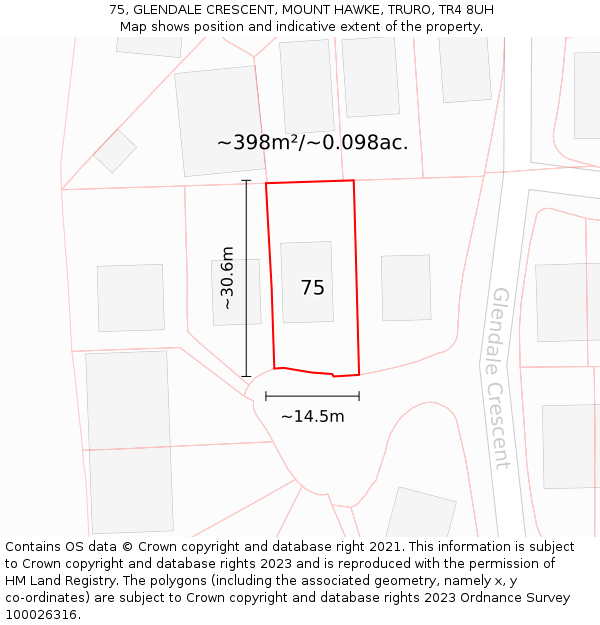 75, GLENDALE CRESCENT, MOUNT HAWKE, TRURO, TR4 8UH: Plot and title map