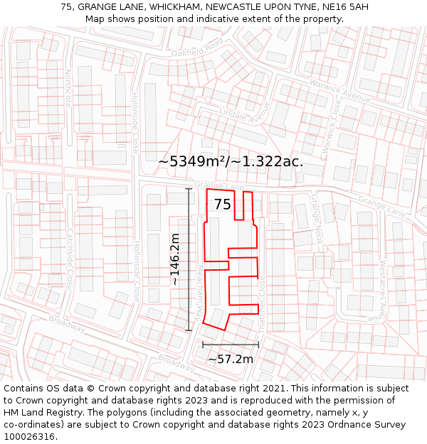 75, GRANGE LANE, WHICKHAM, NEWCASTLE UPON TYNE, NE16 5AH: Plot and title map