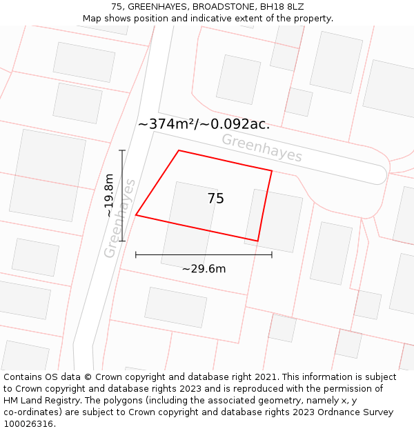 75, GREENHAYES, BROADSTONE, BH18 8LZ: Plot and title map